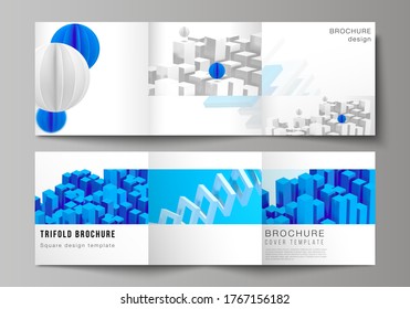 Vector layout of square covers design templates for trifold brochure, flyer, magazine, cover design, book design. 3d render vector composition with dynamic realistic geometric blue shapes in motion.