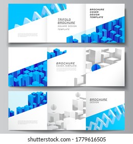 Vector layout of square covers design templates for trifold brochure, flyer, magazine, cover design, book design. 3d render vector composition with dynamic realistic geometric blue shapes in motion.