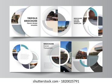 Vector layout of square covers design templates for trifold brochure, flyer, cover design, book, brochure cover. Background with abstract circle round banners. Corporate business concept template.