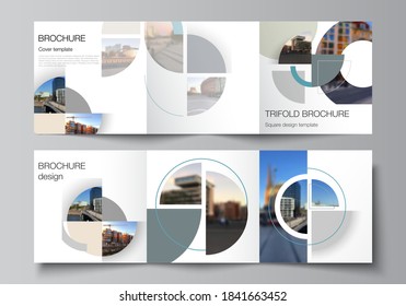 Vector layout of square covers design templates for trifold brochure, flyer, cover design, book, brochure cover. Background with abstract circle round banners. Corporate business concept template.