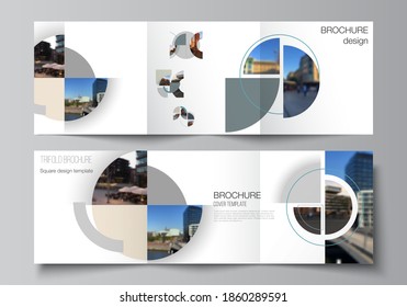 Vector layout of square covers design templates for trifold brochure, flyer, cover design, book, brochure cover. Background with abstract circle round banners. Corporate business concept template.