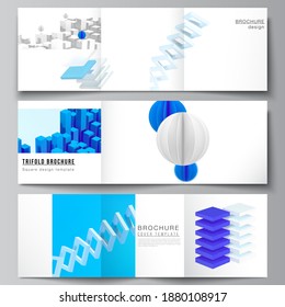 Vector layout of square covers design templates for trifold brochure, flyer, magazine, cover design, book design. 3d render vector composition with dynamic realistic geometric blue shapes in motion.