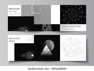 Vector layout of square covers design templates for trifold brochure, flyer, cover design, book design.Black color technology background. Digital visualization of science, medicine, technology concept