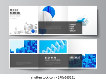 Vector layout of square covers design templates for trifold brochure, flyer, magazine, cover design, book design. 3d render vector composition with dynamic realistic geometric blue shapes in motion.
