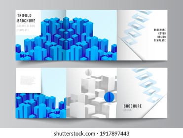Vector layout of square covers design templates for trifold brochure, flyer, magazine, cover design, book design. 3d render vector composition with dynamic realistic geometric blue shapes in motion.