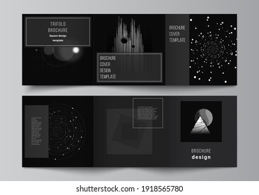 Vector layout of square covers design templates for trifold brochure, flyer, cover design, book design.Black color technology background. Digital visualization of science, medicine, technology concept