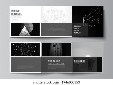 Vector layout of square covers design templates for trifold brochure, flyer, cover design, book design.Black color technology background. Digital visualization of science, medicine, technology concept