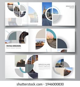 Vector layout of square covers design templates for trifold brochure, flyer, cover design, book, brochure cover. Background with abstract circle round banners. Corporate business concept template.