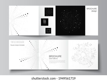 Diseño vectorial de las portadas cuadradas para las plantillas de diseño de folletos triples, volante, diseño de portada, diseño de libros.Fondo de tecnología de color negro. Visualización digital del concepto de ciencia, medicina y tecnología