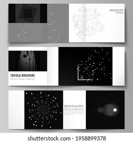 Vector layout of square covers design templates for trifold brochure, flyer, cover design, book design.Black color technology background. Digital visualization of science, medicine, technology concept