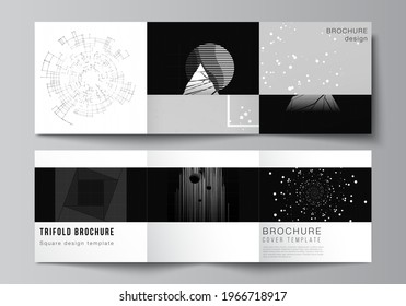 Vector layout of square covers design templates for trifold brochure, flyer, cover design, book design.Black color technology background. Digital visualization of science, medicine, technology concept