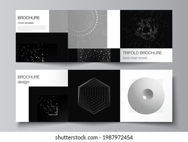 Vector layout of square covers design templates for trifold brochure, flyer, cover design, book design.Black color technology background. Digital visualization of science, medicine, technology concept