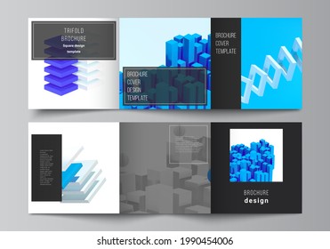 Vector layout of square covers design templates for trifold brochure, flyer, magazine, cover design, book design. 3d render vector composition with dynamic realistic geometric blue shapes in motion.