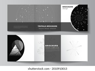 Vector layout of square covers design templates for trifold brochure, flyer, cover design, book design.Black color technology background. Digital visualization of science, medicine, technology concept