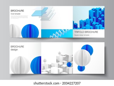 Vector layout of square covers design templates for trifold brochure, flyer, magazine, cover design, book design. 3d render vector composition with dynamic realistic geometric blue shapes in motion.