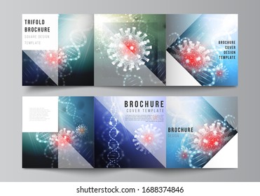 Vector layout of square covers templates for trifold brochure, flyer, cover design, book design, brochure cover. 3d medical background of corona virus. Covid 19, coronavirus infection. Virus concept.