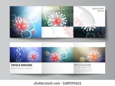 Vector layout of square covers templates for trifold brochure, flyer, cover design, book design, brochure cover. 3d medical background of corona virus. Covid 19, coronavirus infection. Virus concept.