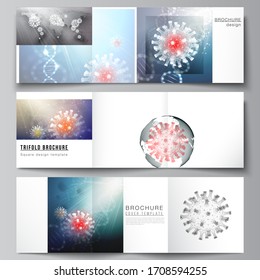 Vector layout of square covers templates for trifold brochure, flyer, cover design, book design, brochure cover. 3d medical background of corona virus. Covid 19, coronavirus infection. Virus concept.