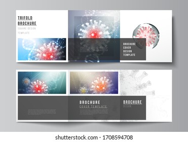 Vector layout of square covers templates for trifold brochure, flyer, cover design, book design, brochure cover. 3d medical background of corona virus. Covid 19, coronavirus infection. Virus concept.