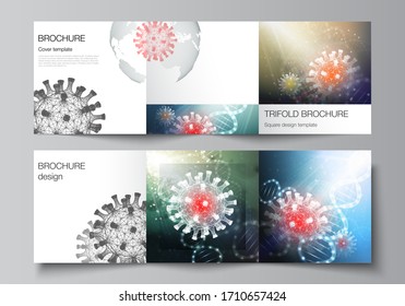 Diseño vectorial de plantillas de cubiertas cuadradas para trípticos folletos, volante, diseño de portada, diseño de libros, portada de folletos. Tercer trasfondo médico del virus de la corona. Covid 19, infección por el coronavirus.Concepto de virus.