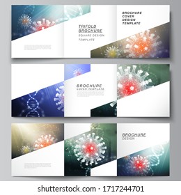 Vector layout of square covers templates for trifold brochure, flyer, cover design, book design, brochure cover. 3d medical background of corona virus. Covid 19, coronavirus infection. Virus concept.