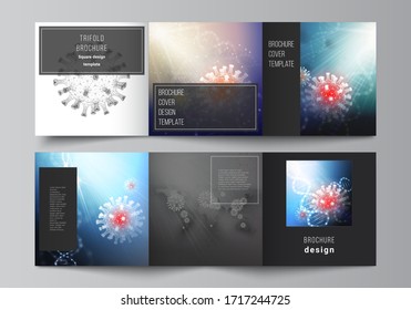 Vector layout of square covers templates for trifold brochure, flyer, cover design, book design, brochure cover. 3d medical background of corona virus. Covid 19, coronavirus infection. Virus concept.