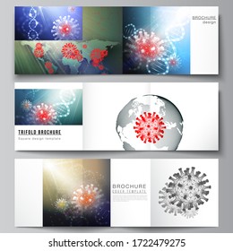 Vector layout of square covers templates for trifold brochure, flyer, cover design, book design, brochure cover. 3d medical background of corona virus. Covid 19, coronavirus infection. Virus concept.