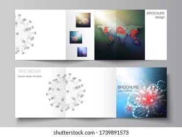 Vector layout of square covers templates for trifold brochure, flyer, cover design, book design, brochure cover. 3d medical background of corona virus. Covid 19, coronavirus infection. Virus concept.