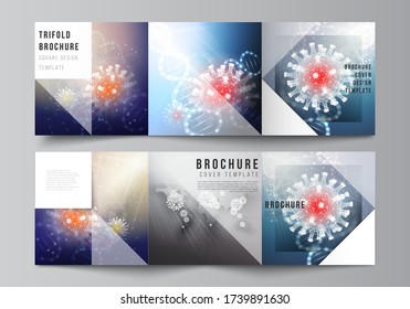 Vector layout of square covers templates for trifold brochure, flyer, cover design, book design, brochure cover. 3d medical background of corona virus. Covid 19, coronavirus infection. Virus concept.