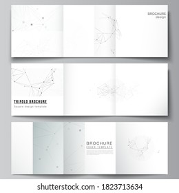 Vector layout of square covers templates for trifold brochure, flyer, cover design, book design, brochure cover. Gray technology background with connecting lines and dots. Network concept