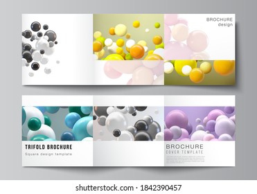 Vector layout of square covers templates for trifold brochure, flyer, magazine, cover design, book design. Abstract vector futuristic background with colorful 3d spheres, glossy bubbles, balls.