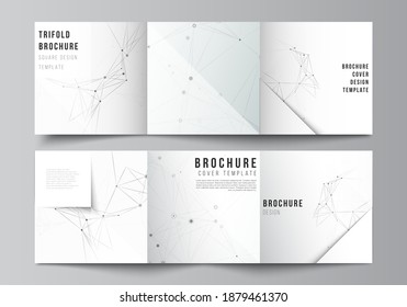 Vector layout of square covers templates for trifold brochure, flyer, cover design, book design, brochure cover. Gray technology background with connecting lines and dots. Network concept