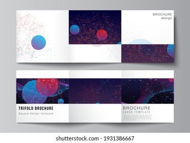 Vector layout of square covers templates for trifold brochure, flyer, cover design, book design, brochure cover. Artificial intelligence, big data visualization. Quantum computer technology concept.