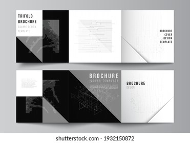 Vector layout of square covers templates for trifold brochure, flyer, magazine, cover design, book design. Abstract technology black color science background.Digital data. Minimalist high tech concept