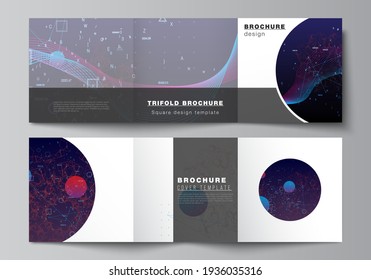 Vector layout of square covers templates for trifold brochure, flyer, cover design, book design, brochure cover. Artificial intelligence, big data visualization. Quantum computer technology concept.