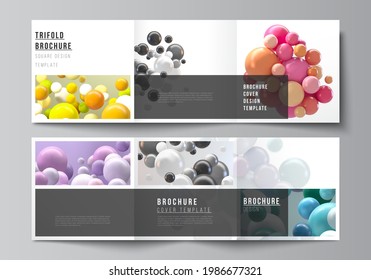 Vector layout of square covers templates for trifold brochure, flyer, magazine, cover design, book design. Abstract vector futuristic background with colorful 3d spheres, glossy bubbles, balls.
