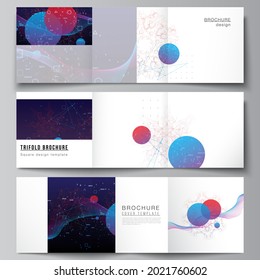 Vector layout of square covers templates for trifold brochure, flyer, cover design, book design, brochure cover. Artificial intelligence, big data visualization. Quantum computer technology concept