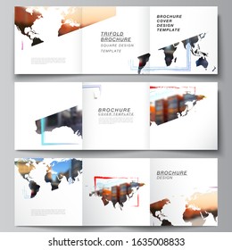 Vector layout of square format cover templates for trifold brochure, flyer, cover design, book design, brochure cover. Design template in the form of world maps and colored frames, insert your photo.