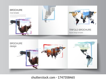 Vector layout of square format cover templates for trifold brochure, flyer, cover design, book design, brochure cover. Design template in the form of world maps and colored frames, insert your photo.