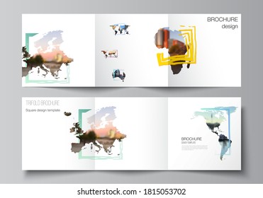 Vector layout of square format cover templates for trifold brochure, flyer, cover design, book design, brochure cover. Design template in the form of world maps and colored frames, insert your photo.
