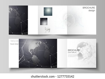 Vector layout of square format covers design templates for trifold brochure, flyer. Futuristic design with world globe, connecting lines and dots. Global network connections, technology concept.
