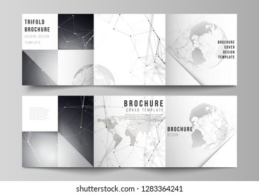 Vector layout of square format covers design templates for trifold brochure, flyer. Futuristic design with world globe, connecting lines and dots. Global network connections, technology concept.