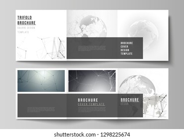 Vector layout of square format covers design templates for trifold brochure, flyer. Futuristic design with world globe, connecting lines and dots. Global network connections, technology concept.