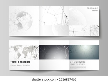 Vector layout of square format covers design templates for trifold brochure, flyer. Futuristic design with world globe, connecting lines and dots. Global network connections, technology concept.
