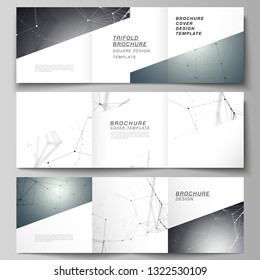 Vector layout of square format covers design templates for trifold brochure, flyer. Futuristic design with world globe, connecting lines and dots. Global network connections, technology concept