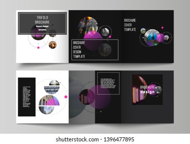 Vector layout of square format covers design templates for trifold brochure, flyer. Simple design futuristic concept. Creative background with pink circles and round shapes that form planets and stars