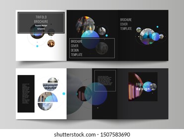 Vector layout of square format covers design templates for trifold brochure, flyer. Simple design futuristic concept. Creative background with blue circles and round shapes that form planets and stars