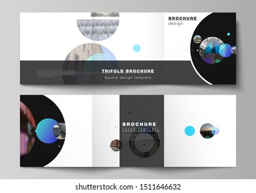 Vector layout of square format covers design templates for trifold brochure, flyer. Simple design futuristic concept. Creative background with blue circles and round shapes that form planets and stars