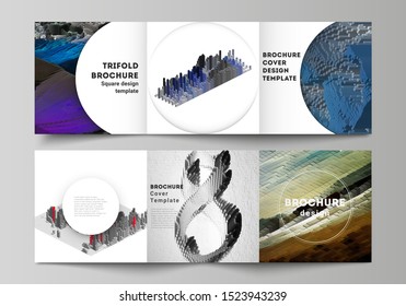 Vector layout of square format covers design templates for trifold brochure, flyer, magazine. Big data. Dynamic geometric background. Cubes pattern design with motion effect. 3d technology style.