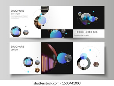 Vector layout of square format covers design templates for trifold brochure, flyer. Simple design futuristic concept. Creative background with blue circles and round shapes that form planets and stars